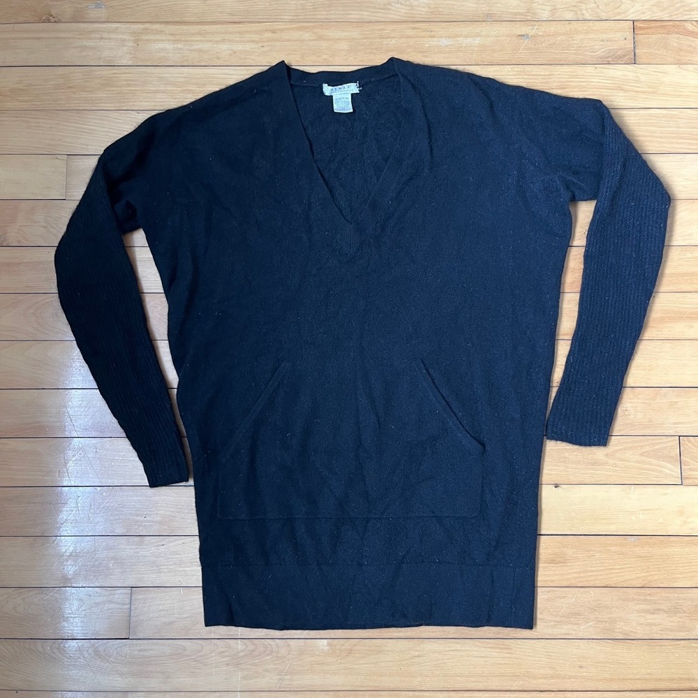 Kenar 100% Cashmere V-Neck Sweater Black Kangaroo Pocket Tunic Womens S/M